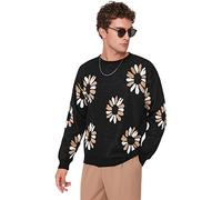 Trendyol Suéter Oversize Floral de Cuello Redondo Sudadera, Negro, S para Hombre
