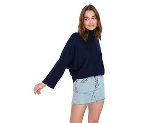 Trendyol Suéter Regular Liso de Cuello Alto Sudadera, Azul Marino, M para Mujer