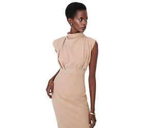 Trendyol Trendyol Damen Gerade Midi Null-Ärmel Tag Nacht Schlank Kleid, Vestido De Las Mujeres, Camel,