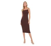 Trendyol Vestido de Punto Ajustado con Cuello Cuadrado para Mujer, marrón, L