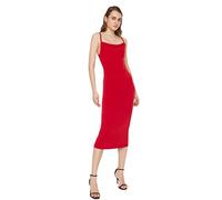 Trendyol Vestido de Punto Midi Ajustado con Cuello Cuadrado para Mujer, marrón, M