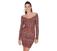 Trendyol Vestido de Punto Ajustado con Cuello Redondo para Mujer, marrón, S