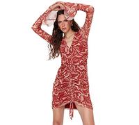 Trendyol Vestido Tejido Midi estándar con Cuello en V para Mujer, marrón, S