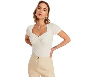 Trendyol Women Sweetheart Knit Blouse Mujer Slim fit Blusa básica de Punto con Forma de corazón, Ecru, XS