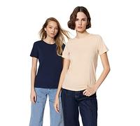 Trendyol Women's Lacivert-Beig 100% algodón Suprem Bike Collar 2 Package Knitted Camiseta, Azul Marino, Beige, XS