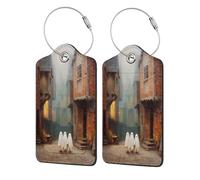 Tres bonitos fantasmas en la ciudad vieja de la calle para maleta, paquete de 2 etiquetas de equipaje de cuero con solapa de privacidad, etiqueta de identificación de nombre y lazo de metal para