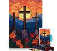 Tres Cruces con Rosas, vidriera, 1000 Piezas, Rompecabezas para Adolescentes, Juguete para ejercitar la Mente, Tiempo de convivencia, Pieza de colección de Arte de Corte preciso 50x75cm