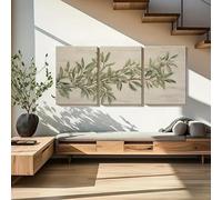 Tres cuadros de ramas de olivo, hojas verdes y flores blancas impresos sobre lienzo para decorar las paredes del salón o el dormitorio (40 x 55 cm - 3 piezas).