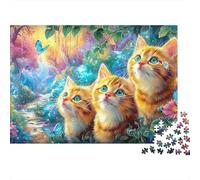 Tres Gatitos de Jengibre Miran hacia Arriba en un Bosque Vibrante y Florido con Mariposas Puzzle De 1000 Piezas Gato Lindo Juego Educativo Clásico para El Tiempo De Puzzles En Familia 52x38cm/1000pcs