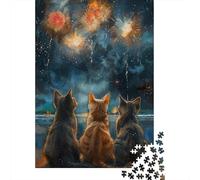 Tres Gatos Viendo Fuegos Artificiales Puzzle de 1000 Piezas Papel Puzzle para Adultos Escena Nocturna Puzzle para Toda la Familia Relajación Decoración Regalo 70x50cm/1000pcs