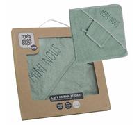 Tres Kilos Sept, Capa de Baño Bebé "Mini-Nosotros" 70X70cm Con Guante, Esponja Suave, Con Capucha Bordada, Ultra-Absorbente, Lavable a 30°C, Nacimiento, Verde Salvia
