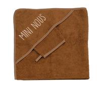 Tres Kilos Sept, Capa de Baño Mini-Nosotros 70X70cm con Guante, Esponja Suave, con Capucha Bordada, Ultra-Absorbente, Lavable a 30°C, Nacimiento, Camel