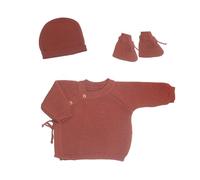 Tres Kilos Sept - Lote de 3 Piezas de Malla de Nacimiento, Sujetador de Cachemir, Gorro, Zapatillas para superponer en Pijama - Maternidad 0/1 Mes, Terracota, 0 Meses