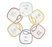 Tres Kilos Sept - Lote de 6 baberos de nacimiento, palabras tiernas, esponja suave, 18 x 21 cm, mixta, bordados de colores, cierre de arañazos, desde el nacimiento