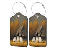 Tres lindos fantasmas negros sombreros casa árboles etiqueta de equipaje para maleta, paquete de 2 etiquetas de equipaje de cuero con solapa de privacidad, etiqueta de identificación de nombre y lazo