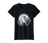 Tres Lobos Aullando Luna Llena Pack Wildlife Art Camiseta gráfica económica, Mujer, Negro, S