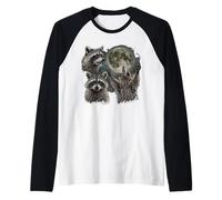 Tres mapaches Retro gráfico Vintage diseño de Luna Camiseta Manga Raglan