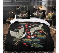 Tres Piezas Microfibra de poliéster Elegant Cranes Funda Edredon Diseño 3D Cremallera Oculta Fundas Almohada Lavables Asian Floral Embroidery Juego Fundas Edredón for Adultos King（220x240cm）