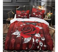 Tres Piezas Microfibra de poliéster Red Rose Funda Edredon Diseño 3D Cremallera Oculta Fundas Almohada Antibacteriana Romantic Digital Juego Fundas Edredón for niños y niñas Super king（260x220cm）