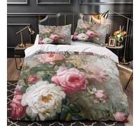 Tres Piezas Microfibra de poliéster Roses in Bloom Funda Edredon Estampado 3D Cremallera Oculta Fundas Almohada Antialérgica Vintage Floral Painting Funda Edredon for Ancianos Double（200x200cm）