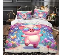 Tres Piezas Microfibra Impresión 3D Cute Piggy Juego Fundas Edredón Diseño 3D Funda Almohada Antialérgica Coon Fantasy Funda de Edredón for niña Single（140x200cm）