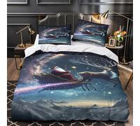 Tres Piezas Microfibra Impresión 3D Santa Claus Flight Funda Edredon Diseño 3D Fundas Almohada Antibacteriana Fantasy Christmas Funda de Edredón for Familia Single（135x200cm）