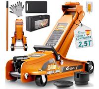 TRESKO Cric hidráulico, 2,5 toneladas, altura de elevación 85-385 mm, con maleta, cric hidráulico de garaje, plano para coches bajos, ruedas de 360°, incl. 2 x almohadilla de goma, rodillera, guantes