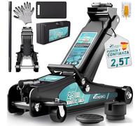 TRESKO Gato hidráulico de 2,5T altura de elevación 85-385 mm con maletín | Gato hidráulico auto plano para coche - Ruedas de 360° con 2 almohadillas de goma, estera de rodilla, guantes, cuchillo