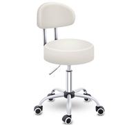 TRESKO Taburete con ruedas con respaldo, color beige, altura regulable 46-58 cm, taburete giratorio con ruedas, silla de oficina, taburete giratorio
