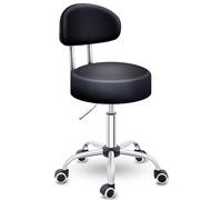 TRESKO Taburete con ruedas con respaldo negro, altura regulable 46-58 cm, taburete giratorio con ruedas, silla de oficina, taburete giratorio