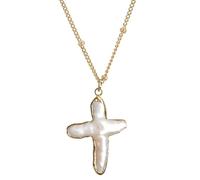 Tressify Collar de cruz de perlas, collar con colgante de perlas de estilo barroco, cadena de metal dorado, elegante regalo de joyería para mujer, perla sintética con textura única