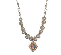Tressify Collar de perlas de agua dulce, collar barroco con combinación de oro y perlas, longitud ajustable, pieza deslumbrante con colgante de piedras preciosas y detalles de cristal
