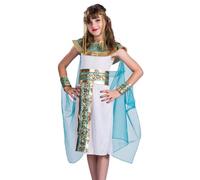 Tressify Disfraz de reina egipcia para fiestas de cosplay y convenciones, conjunto de disfraz egipcio inspirado en Cleopatra, traje temático dorado y azul con capa transparente y tocado