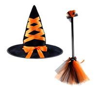Tressify Juego de sombrero de escoba de bruja, disfraz naranja de Halloween para cosplay y accesorios de escenario, incluye sombrero de 13.4 pulgadas, escoba de 15.7 pulgadas