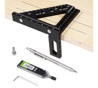 Tressify Triángulo de aluminio, regla compacta para carpintería, medición multiángulo 3D, herramienta de trazado de 0 a 90°, instrumento cuadrado pequeño con pin angular y lápiz de 0.04 pulgadas, alta