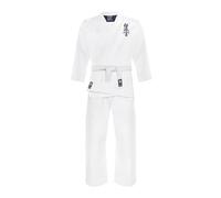 TREXO Karatega con bordado Kyokushin para karate en color blanco para 140 cm de estatura, juego de pantalones regulables, kimono, cinturón, ideal para principiantes, costuras fuertes, materiales