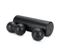 TREXO - Kit de masaje de gran color negro y azul de espuma EPP (dureza media, incluye rodillo de masaje, 45 x 15 cm, bola doble, 12 cm, superficie lisa, ideal para masajes musculares