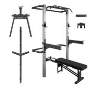 TREXO Mercury Wall Jaula con banco integrado - Montado en la pared, 300 kg, estructura de acero, gancho ajustable para pesas de 48 - 164 cm, soportes de seguridad 90 - 170 cm, barra de dominadas