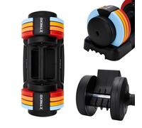 TREXO MULTICOLOR Juego de mancuernas ajustables, 2 x 5 kg, de acero con mango antideslizante, ideal para el entrenamiento de fuerza en casa y en el gimnasio, mancuernas ajustables con soporte estable