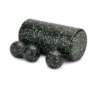 TREXO Set pequeño para masaje de color negro-amarillo de espuma EPP, un rodillo de masaje de 30 x 15 cm, una bola doble de 8 x 16 cm y una bola de 8 cm de superficie lisa, ideal para masajear los