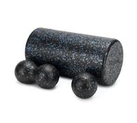 TREXO Set pequeño para masaje de color negro-azul de espuma EPP, un rodillo de masaje de 30 x 15 cm, una bola doble de 8 x 16 cm y una bola de 8 cm de superficie lisa, ideal para masajear los músculos