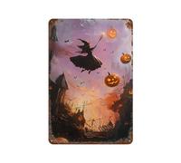 TRFJHDTRE Póster de metal con diseño de bruja volando con JackWall de Halloween, decoración moderna de bar, 30 x 20 cm
