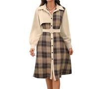 TRgqify-KM Vestido Midi a Cuadros de Pana for otoño e Invierno for Mujer, Vestido Camisero de Retazos con cinturón y Botones Vintage a la Moda(Apricot,M)