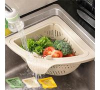 Triangular Draining Baskets for Kitchen Sink, Magnetic Triangular Filter with Rotatable Drain Base, Corner Sink Organizer for Food Scraps, Vegetable Rinsing & Storage(White)