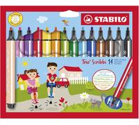 Rotulador triangular escolar con sistema de amortiguación en la punta STABILO Trio Scribbi - Estuche con 14 colores