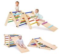 Triángulo de Escalada, Juguetes Triangulares de Escalada, con 20PCS Barra de Escalada, Rampa para Deslizarse o Escalar, Gimnasio Bebe Montessori de Madera para Niños de 1+ Años, Carga 60 kg (Vistoso)