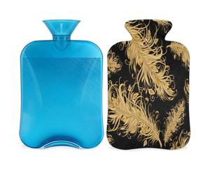 Tribal Ethnic Boho Botella de agua caliente de plumas con cubierta, bolsa de agua caliente transparente de 2 l para compresas frías calientes, calentador de manos para pies, alivio del dolor de
