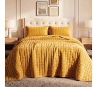Tribeca Living Juego de edredón de Terciopelo tamaño Queen, Ropa de Cama de Tres Piezas, Incluye edredón de Gran tamaño y Dos Fundas, Terciopelo Muy Suave de 260 g/m², Color Dorado