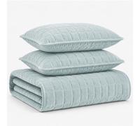 Tribeca Living Juego de Ropa de Cama de Terciopelo de Tres Piezas, Queen, Punto de Caja, edredón de Gran tamaño y Dos Fundas de Almohada, Terciopelo Muy Suave de 260 g/m², Florencia/Azul neblina