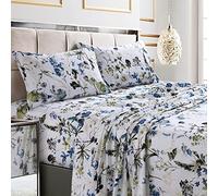 Tribeca Living Juego de sábanas California King, satén de algodón Suave de 300 Hilos, Estampado Floral, Profundidad Extra, Juego de Ropa de Cama de 4 Unidades, Azul Amalfi/Multicolor